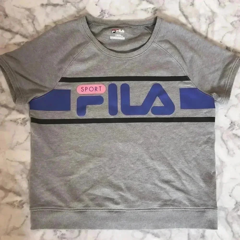 Fila Sport Grey Raglan Crewneck Terrycloth Tee Blue Pink Athleisure Size L
